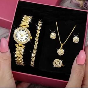 6pcs Rhinestone Watch and Jewelry Set in Gold
